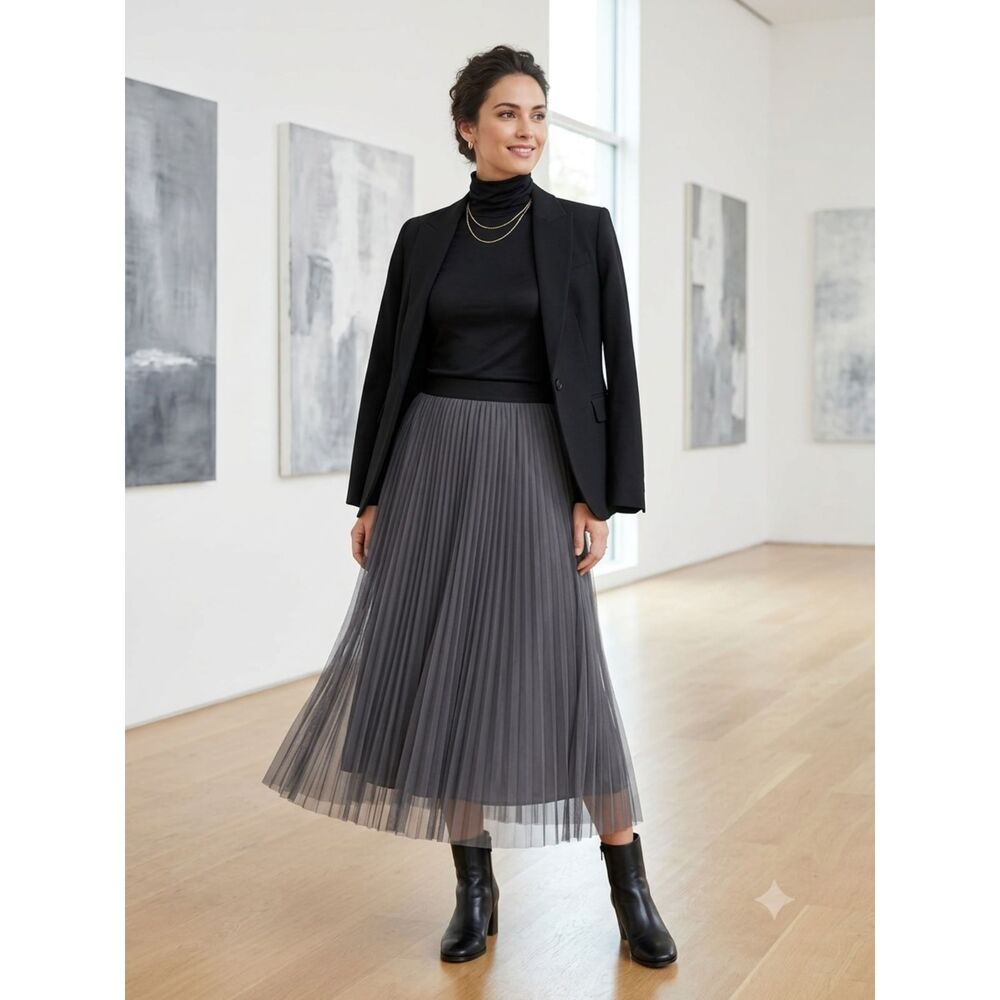 Banana Republic Dark Gray Pleated Tulle Midi Skirt Size 8 EUC